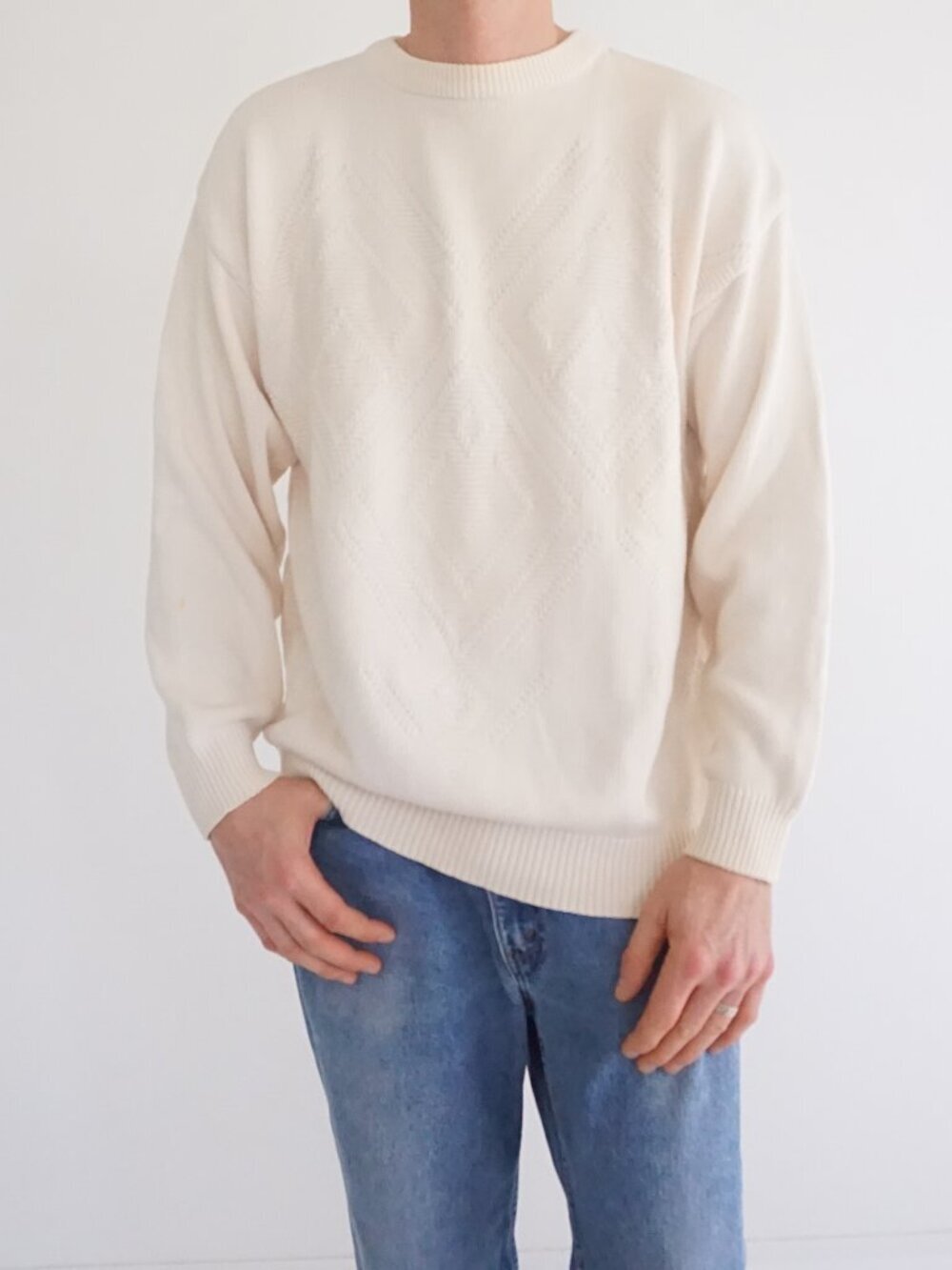 Vintage Intersect Cream Textured Geometric Knit Cotton Grandpa Sweater Mens XL M